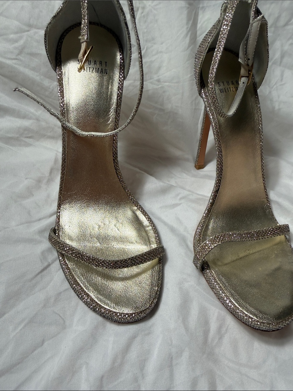 Stuart Weitzman Silver Sparkle Ankle-Strap High Heels